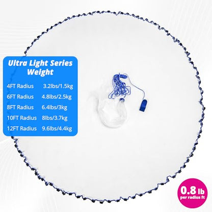 Ultra Light Series Fishing Cast Net (0.8 lb/ft) with Eco-Friendly Lead Weights, 3/8inch Mesh Size, Throw Nets for Freshwater & Saltwater, 4/6/8/10/12 Ft Radius Casting Net - size: 4-ft radius