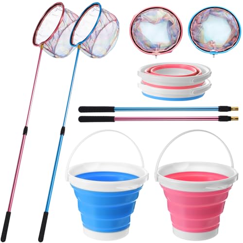 Telescopic Fishing Net with Bucket, Telescopic Fishing Landing Net, Lightweight Aluminum Pole Non Slip Handle for Catching Frogs Butterfly Fish Crab for Beach Stream Outdoor - color: Blue,Pink