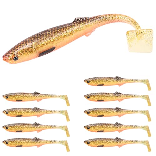 TRUSCEND Shadtale Easy Catch Soft Fishing Lures with BKK Hooks - Trembly Sinking and Vibrating Swim for More Bites, Pre-Rigged Swimbaits for Bass, Trout, Crappie, Walleye, Freshwater Saltwater Fishing - color: F2-3.35",0.2oz,10pcs
