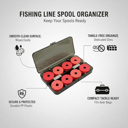 Red PP Plastic Fishing Line Spool Organizer Box for Tackle Storage - Keeps Braided, Fluoro & Mono Spools Secure (1 Pack) - size: 8.66 x 2.32 x 1.34 in