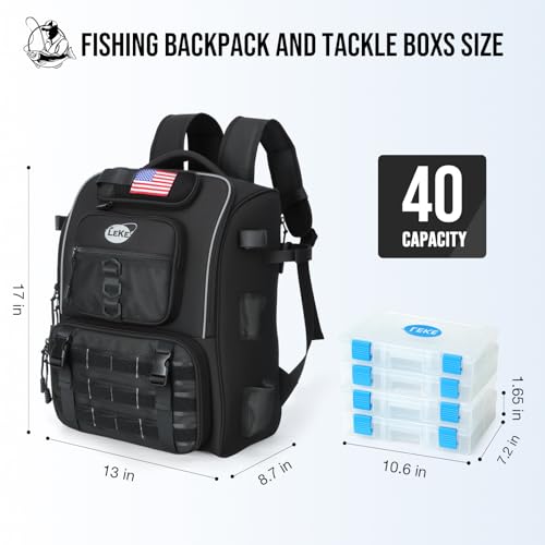 Lekesky Fishing Backpack with 4 Tackle Boxes, 40L Tackle Bag with Rod Holders, Tactical Storage Gear for Men, Black