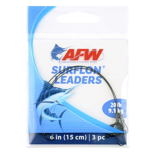 AFW Surflon Fishing Leaders – Black Nylon Coated Stainless Steel Wire, Swivel & Snap, 3 Pack, Variety Pack – Strong Leader Line for Catfishing & Toothy Game Fish - size: 20 lb, style: 6 Inch