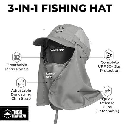 Tough Headwear Fishing Cap w/Face Mask & Neck Flap - Sun Protection Hat with UPF 50 -Landscaping Hats for Women and Men - color: Grey