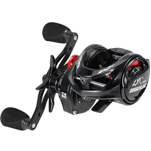 Sougayilang Cool Low Profile Baitcaster Reel - 300 Size, 7.2:1 Gear Ratio, 16lbs Max Drag, Ultra Smooth for Catfish, Musky, Bass - color: Red-LXC300 Right Handed