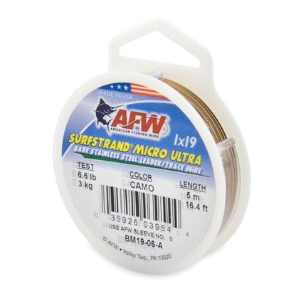 American Fishing Wire Surfstrand Micro Ultra Bare 1x19 Stainless Steel Leader Wire - Fishing Leader Line for Saltwater, 6.6lb Test - 61lb Test, Camo Color, 5m Length - style: 6 Lb / 5 M