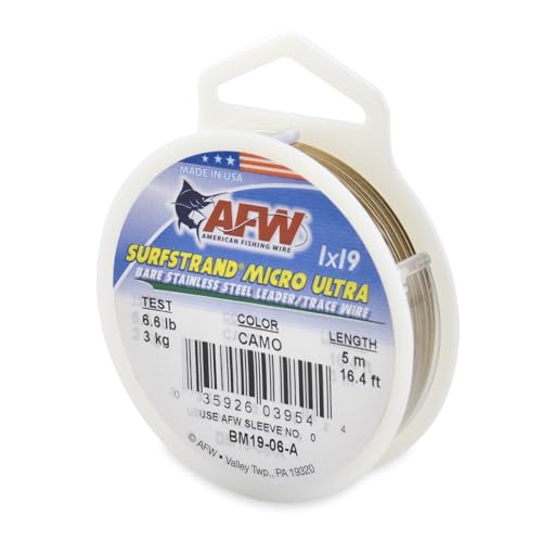 American Fishing Wire Surfstrand Micro Ultra Bare 1x19 Stainless Steel Leader Wire - Fishing Leader Line for Saltwater, 6.6lb Test - 61lb Test, Camo Color, 5m Length - style: 6 Lb / 5 M