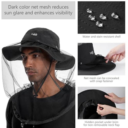 BASSDASH UPF 50+ Mosquito Sun Hat with Hidden Head Net and Neck Flap for Men Women Outdoor Fishing Hiking Camping - color: Black