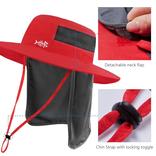 BASSDASH UPF 50+ Sun Fishing Hat Water Resistant with Detachable Neck Flap - color: Red