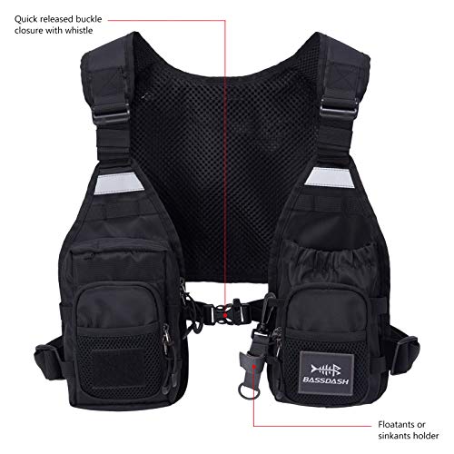 BASSDASH FV08 Ultra Lightweight Fly Fishing Vest for Men and Women Portable Chest Pack - color: Black