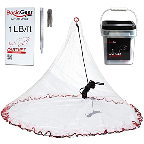 BasicGear Cast Net | Lead, 3ft-12ft Radius, 3/8 or 1/4 inch Mesh for Freshwater and Saltwater Bait Fish| Professional Grade and Upgraded Material | Throw Style - size: 4ft Radius, 3/8" Mesh, 1LB Sinkers