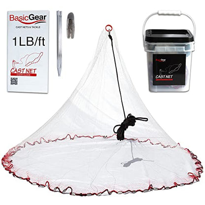 BasicGear Cast Net | Lead, 3ft-12ft Radius, 3/8 or 1/4 inch Mesh for Freshwater and Saltwater Bait Fish| Professional Grade and Upgraded Material | Throw Style - size: 4ft Radius, 3/8" Mesh, 1LB Sinkers