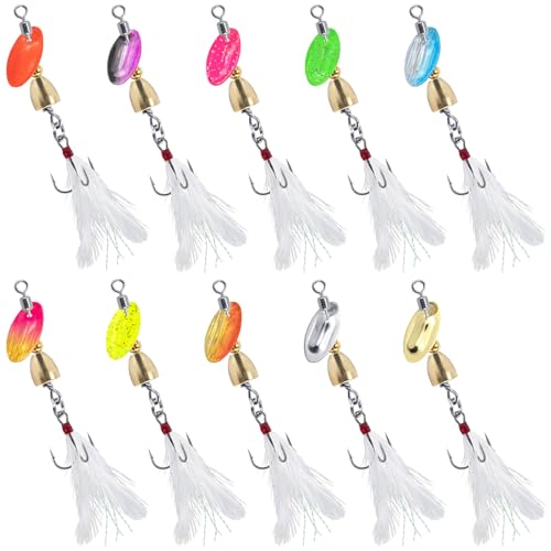 Dr.Fish 10 Pack Fishing Spinner Inline Spinner Lures Single Hook Trout Spinnerbait Lures Kits Bass Crappie Salmon Panfish Walleye Freshwater Stream - color: Feathered Treble Hook Kit, size: 1/8oz-#10