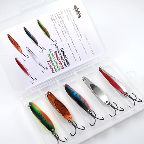 EXAURAFELIS 5pcs Fishing Lures Casting Spoon Lure Fishing Spoons for Trout, Bass, Crappie, Pike, Walleye - Saltwater & Freshwater with Tackle Box - 1/4oz, 3/4oz - color: Color B 3/4 oz