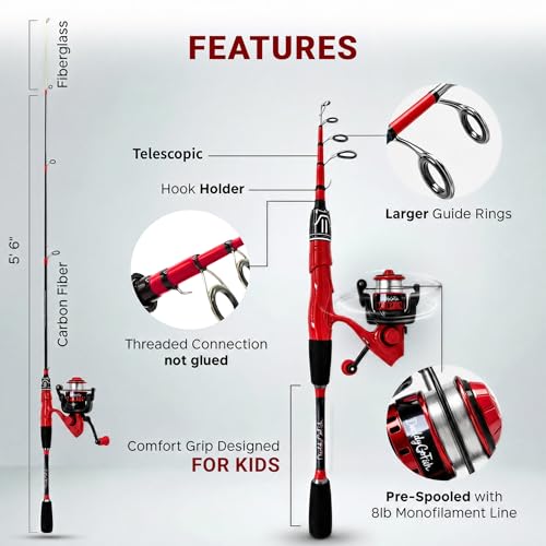 DaddyGoFish Spinning Fishing Rod and Reel Combo Set with Tackle Box | Kids Fishing Pole | Carbon Fiber Telescopic Fishing Rod Kit | Spinning Reel for Travel Saltwater Freshwater Fishing Gear Kit - color: Red