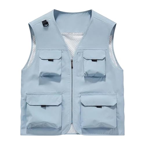 Men's Outdoor Fishing Vest Multi-Pocket Casual Lightweight Quick Dry Travel Photography Hiking Hunting Utility Vests - color: Light Blue, size: X-Large
