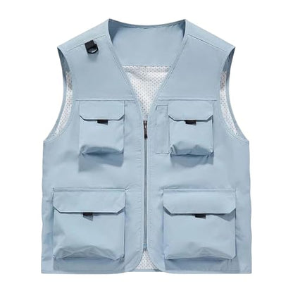 Men's Outdoor Fishing Vest Multi-Pocket Casual Lightweight Quick Dry Travel Photography Hiking Hunting Utility Vests - color: Light Blue, size: Medium
