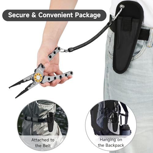 SANLIKE Aluminum Fishing Pliers Hook Remover Tungsten Carbide Braid Cutters | Tungsten Carbide Cutters Saltwater Resistant with Coiled Lanyard & Sheath - color: Gray