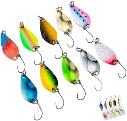10pcs Fishing Lures with Single Hook 1.2 inch Multicolor Trout Spoon Fishing Spoons Set with Storage Box for Trout, Salmon, Bass Fishing - color: 1/11oz x 4pcs+1/8oz x 3pcs+1/5oz x 3pcs