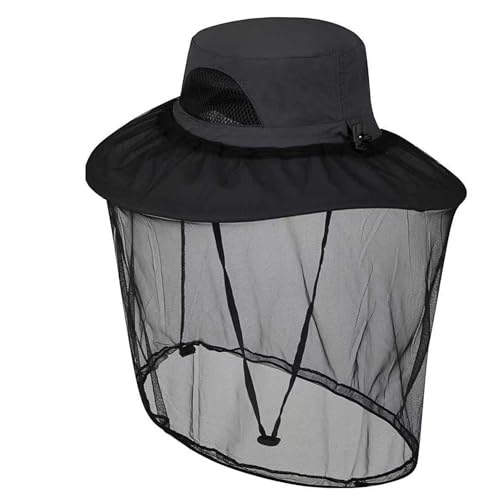 Mosquito Fishing Safari Mesh Net Hat with Neck Flap, Sun Protection Women Men Bug Cap, Hidden Netting Boonie - color: Dark Gray Black