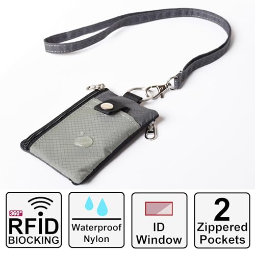 CHENSPRX Minimalist RFID Blocking Small Wallet with ID Window,WaterResistant Zip Id Case Wallet with Lanyard Keychain for Cards,Cash,Travel,Women,Men - color: Gray+DardGray