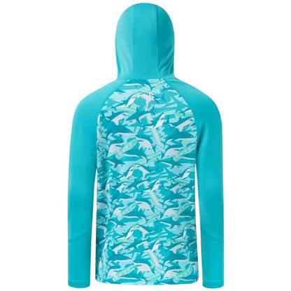 BASSDASH Youth UPF 50+ Hooded Shirts with Mask UV Neck Gaiter Sun Protection Long Sleeve T Shirt for Fishing Swim - color: Coastal Shade/Shark, size: X-Large