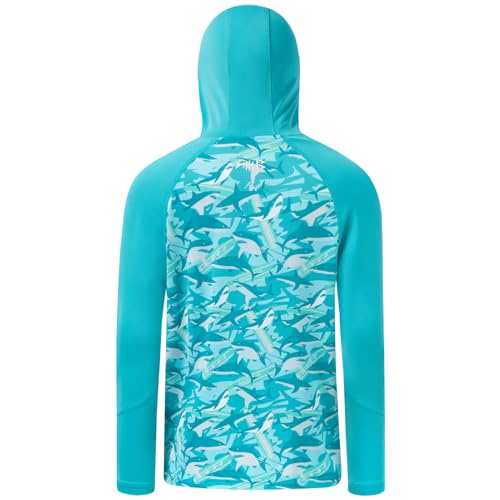 BASSDASH Youth UPF 50+ Hooded Shirts with Mask UV Neck Gaiter Sun Protection Long Sleeve T Shirt for Fishing Swim - color: Coastal Shade/Shark, size: Large