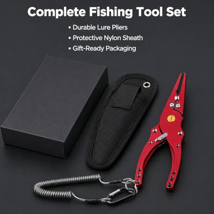 Qianly Aluminum Alloy Fishing Pliers with Cutter, Hook Removal & Split Loop Tool, Nylon Sheath Included, 300g Lightweight, Red - color: Red