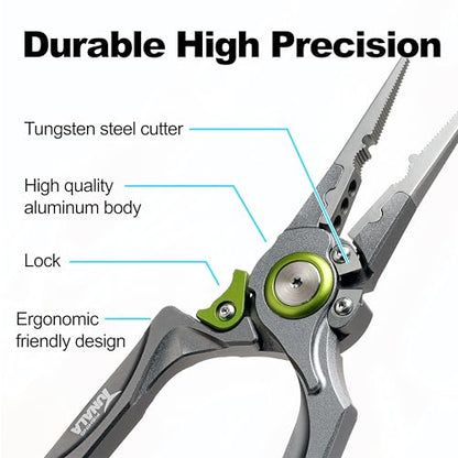 8 Inch Fishing Pliers, Cut Braided and Fluorocarbon Lines, Hook Remover, Lockable, Split Ring, Multi Tool, Ocean Fishing, Fly Fishing, Ice Fishing, Hard Rubberized Sheath, Gift for Fisherman