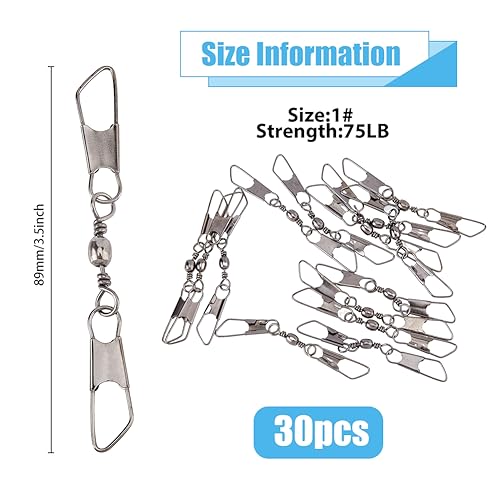 SUPERFINDINGS 30Pcs Double Fishing Snap Swivels Carbon Steel Fishing Rolling Bearing Connector Fishing Rolling Ball with Snap Connector Fishing Tackle Fishing Accessories, 89mm