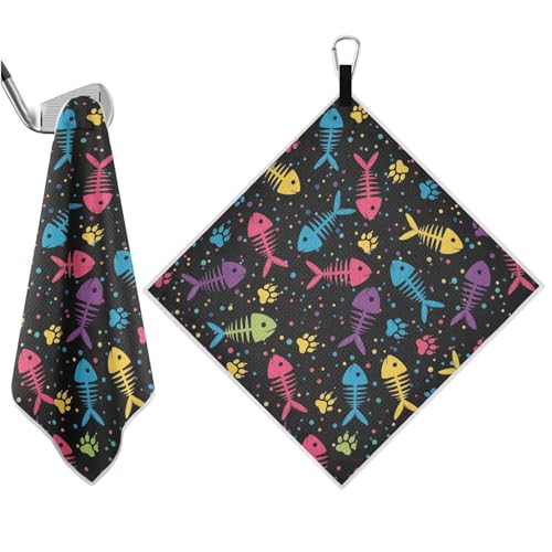 Colorful Fish Paw Black Pattern Magnetic Golf Towel for Golf Bags Microfiber Golf Essentials for Men Women with Carabiner Clip Attaches to Carts and Clubs, 17.7"x17.7"