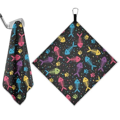 Colorful Fish Paw Black Pattern Magnetic Golf Towel for Golf Bags Microfiber Golf Essentials for Men Women with Carabiner Clip Attaches to Carts and Clubs, 17.7"x17.7"