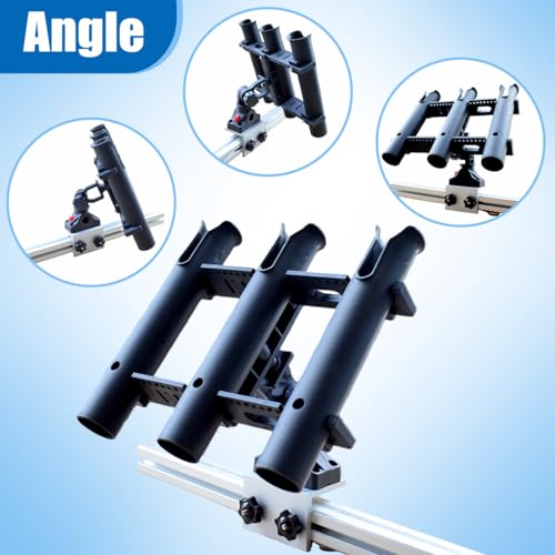 3 Pole Fishing Rod Holder with Aluminum 90° Boat Track Bracket Base 360° Rotating, Deck/Side Mount Rod Holder for Versatrack System/Ranger Track System