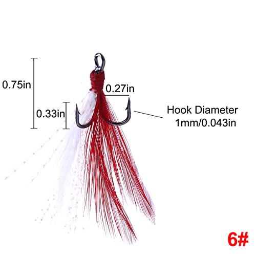 20Pcs Treble Fishing Hooks with Feather Size Stainless Steel Barbed Sharp Triple Fishhook with Box for Saltwater Freshwater - color: 20pcs-Red White Feather, size: 2#
