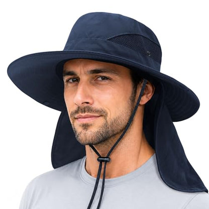 PFFY Sun Bucket Hats for Men Women Fishing Hat UV Protection Wide Brim Beach Safari Hat with Neck Flap - color: Blue (With Neck Flap)