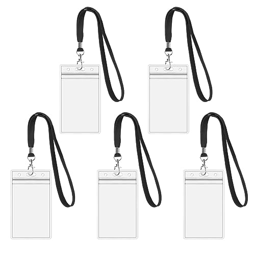 5Pack ID Badge Holder with Black Lanyards,Heavy Duty Vertical Card Holder | Transparent ID card holder with lanyards, 3.58" L x 2.5" W Badge ID name card holder,18Inch black lanyards - color: 5 Black Lanyards
