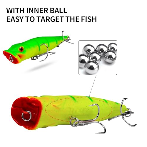 5pcs 9cm 3D Eyes Hard Baits Floating Topwater Popper Lures with Treble Hooks, Mixed Colors, ABS & High Carbon Steel, Targeting Pike, Bass, Salmon