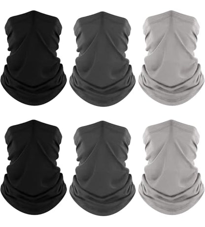 Fuinloth Neck Gaiter, 6 Pack Cooling UV Protection Bandana Face Mask Gator | Breathable Sweat Wicking, UPF 50, Sun Wind Dust Shield, Quick Dry & Washable, 95% Polyester 5% Spandex - color: 2 Black+2 Gray+2 Light Gray