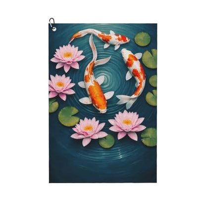 Awesome Japanese Koifish Fish Art Golf Towel 16" X 24" with Clip Golfer Bags Accessories Gifts - color: Awesome Japanese Koifish Fish Art