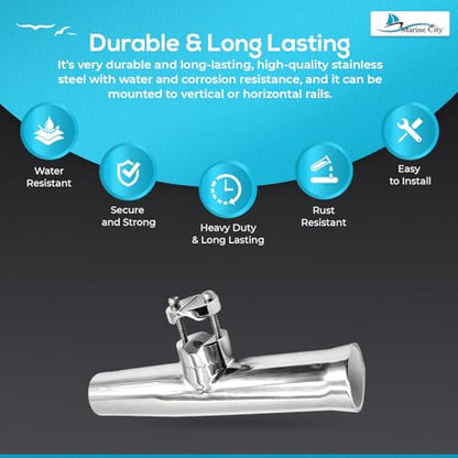 MARINE CITY Clamp-On Fishing Rod Holder, Heavy Duty 304 Stainless Steel Adjustable Mount, Corrosion Resistant for Boats, Ships & Yachts