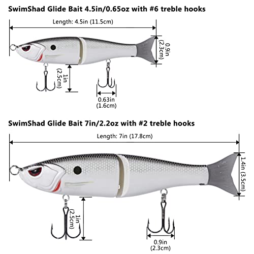 Bassdash SwimShad Glide Baits Jointed Swimbait Bass Pike Salmon Trout Muskie Fishing Lure,3-Pack - color: White Shad + Threadfin + Blue Gold, size: 4.5in/0.65oz