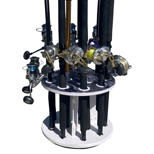 Rush Creek Creations Reel Salty 12-Rod Marine Grade Saltwater Spinning Fishing Pole Holder, Waterproof Round Fishing Rod Holder with 360° Access, Gray/White