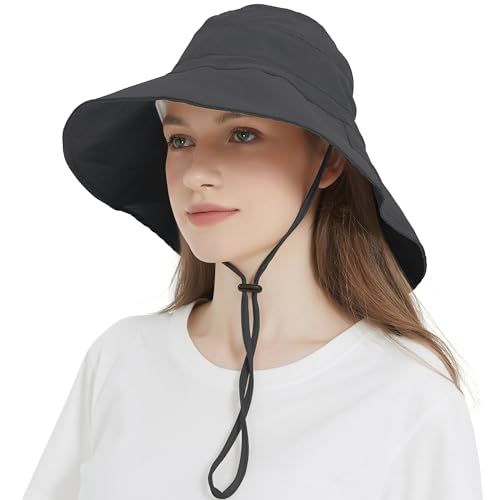Women's Cotton Sun Hat with Neck Flap, UV Protection Wide Brim Outdoor Hat | Adjustable Fit, Moisture-Wicking & Breathable, Packable & Lightweight for Fishing Hiking Gardening Beach Safari - color: Black