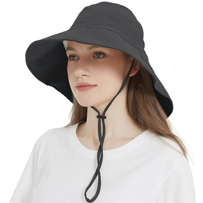 Women's Cotton Sun Hat with Neck Flap, UV Protection Wide Brim Outdoor Hat | Adjustable Fit, Moisture-Wicking & Breathable, Packable & Lightweight for Fishing Hiking Gardening Beach Safari - color: Black