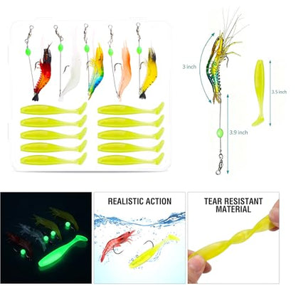 Fishing Lure Kit, 5pcs Bionic Shrimp Lures and 10pcs Paddle Tail Soft Plastic Swimbaits, Glow Soft Baits for Freshwater Saltwater Bass Trout Fishing