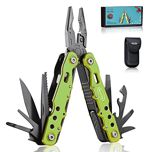 RoverTac 14 in 1 Multitool - Knife, Pliers, Screwdrivers, Saw, Bottle Opener - Perfect for Camping, Survival, Hiking, Repairs - color: Green