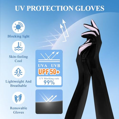 2 Pairs UV Protection Gloves Full Arm Sunblock Gloves with Ventilation Holes, Summer Sun Protection Gloves for Driving - color: 2 Black