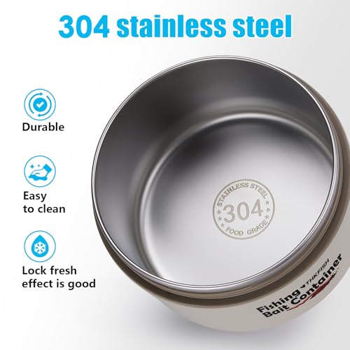 THKFISH Fishing Bait Container, Stainless Steel Insulated Live Bait Storage, Worm Bait Holder, Bait Storage Box, Nightcrawler Box, Bait Bucket to Keeps Bait Fresh and Alive - color: 1PCS-0.6L