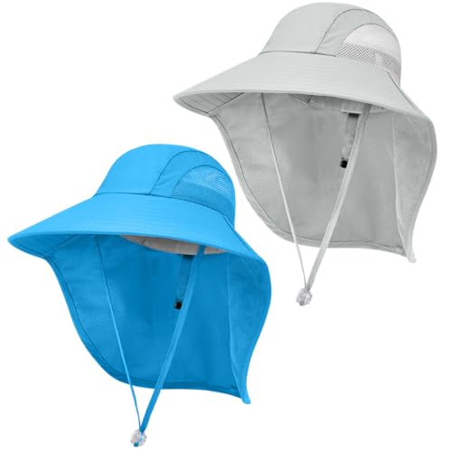 Kids Sun Hat UPF50+ Summer Beach Play Sun Protection Hats with Neck Flap for Ages 5~14 Girls Boys - color: Light Grey＆blue