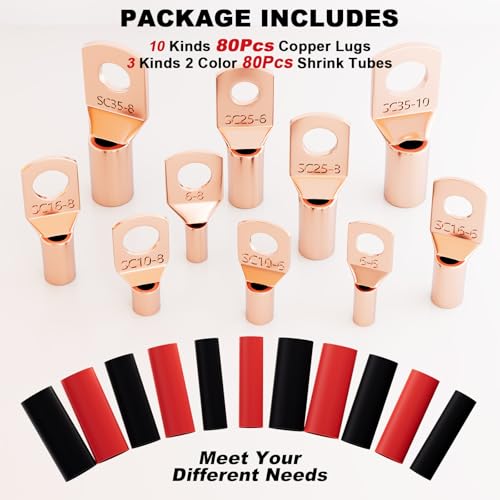 Sanuke 160pcs Copper Wire Lugs Kit, Battery Terminal Connectors | AWG 12 10 8 6 4 2, 80pcs Electrical Battery Cable Ends & Heat Shrink Tubing, Marine Automotive Wire Connectors Assortment