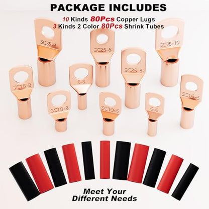 Sanuke 160pcs Copper Wire Lugs Kit, Battery Terminal Connectors | AWG 12 10 8 6 4 2, 80pcs Electrical Battery Cable Ends & Heat Shrink Tubing, Marine Automotive Wire Connectors Assortment